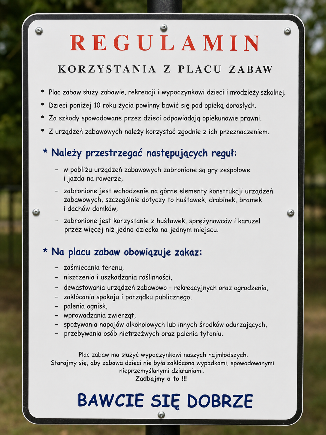 Regulamin korzystania z placu zabaw